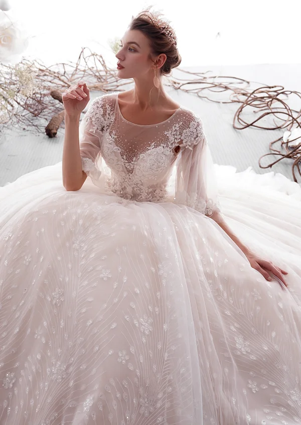 Elegant Champagne Wedding Dresses 2019 A-Line / Princess Short Sleeve Beading Lace Flower Scoop Neck Backless Floor-Length / Long