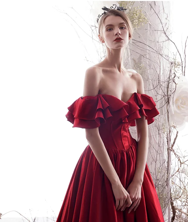 Elegante Burgunderrot Abendkleider 2019 A Linie Off Shoulder Rüschen Kurze Ärmel Rückenfreies Lange Festliche Kleider