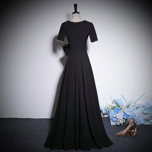 Elegant Black Rhinestone Bow Prom Dresses 2023 Zipper Up A-Line / Princess V-Neck Short Sleeve Floor-Length / Long Prom Formal Dresses