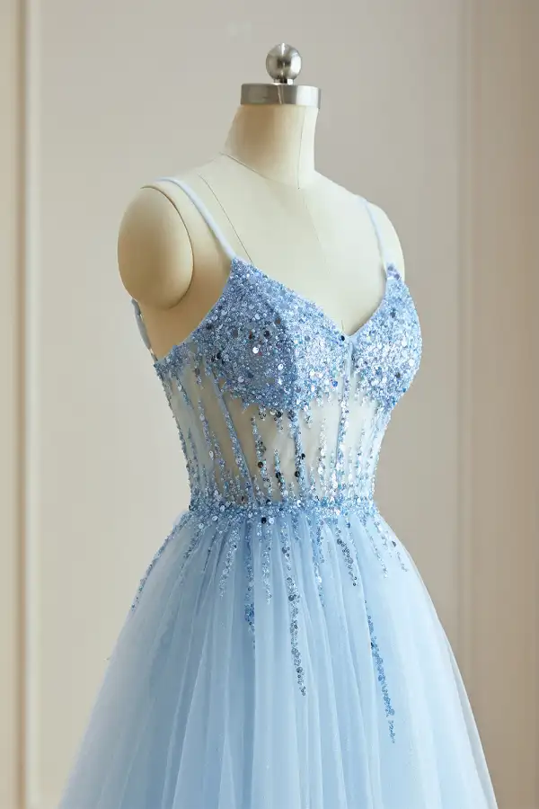 Sexy Himmelblau Gespaltete Front Ballkleider 2024 A Linie Spaghettiträger Pailletten Ärmellos Lange Festliche Kleider