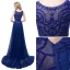 Modern / Fashion Royal Blue Chiffon See-through Evening Dresses  2018 A-Line / Princess Scoop Neck Sleeveless Pearl Rhinestone Beading Sweep Train Ruffle Formal Dresses