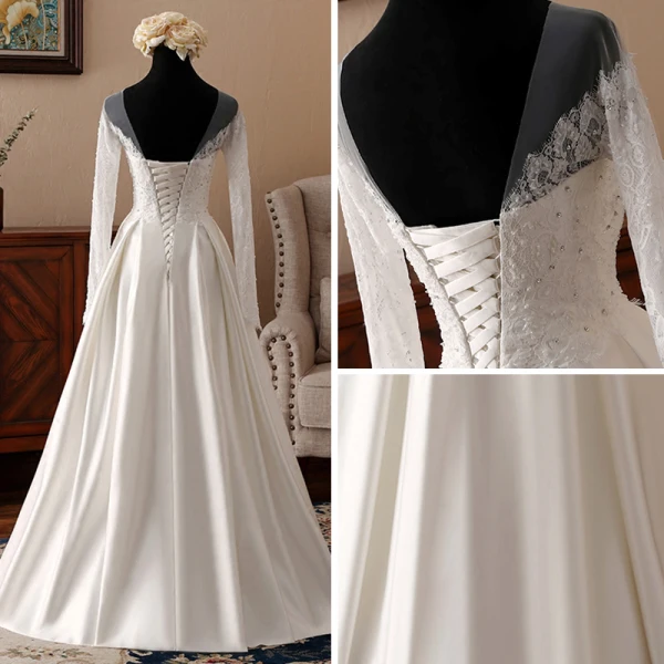 Elegante Ivory / Creme Durchsichtige Brautkleider 2018 A Linie Rundhalsausschnitt Lange Ärmel Rückenfreies Applikationen Mit Spitze Strass Rüschen Lange