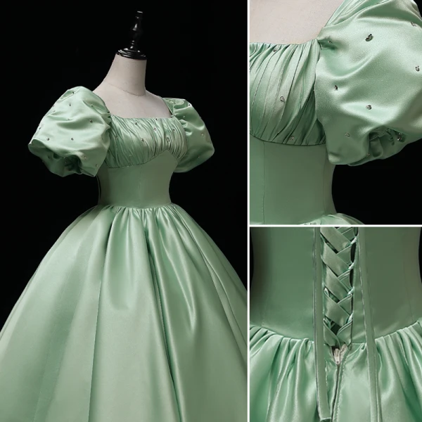 Elegant Sage Green Satin Prom Dresses 2022 Square Neckline Puffy Short Sleeve Bow Backless Floor-Length / Long Formal Dresses Prom