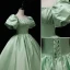 Elegant Sage Green Satin Prom Dresses 2022 Square Neckline Puffy Short Sleeve Bow Backless Floor-Length / Long Formal Dresses Prom