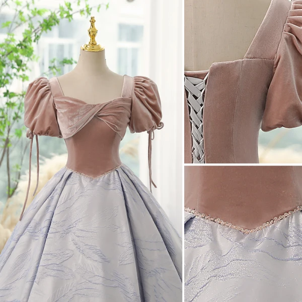 Elegant Blushing Pink Prom Dresses 2023 Ball Gown Square Neckline Short Sleeve Backless Floor-Length / Long Prom Formal Dresses