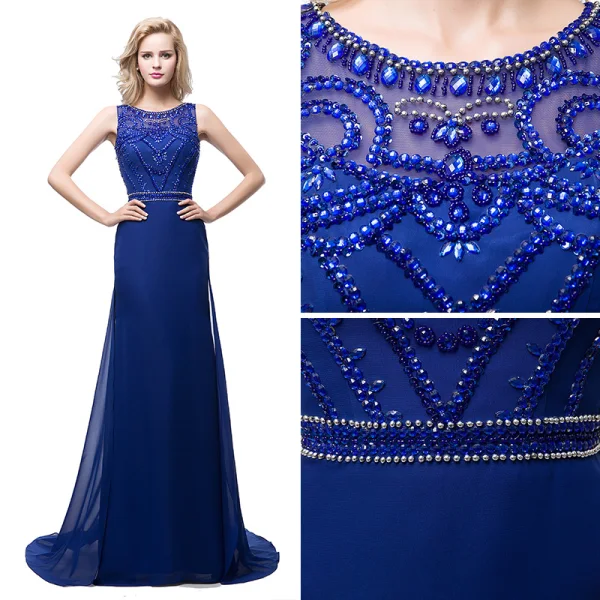 Modern / Fashion Royal Blue Chiffon See-through Evening Dresses 2018 A-Line / Princess Scoop Neck Sleeveless Pearl Rhinestone Beading Sweep Train Ruffle Formal Dresses