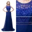 Modern / Fashion Royal Blue Chiffon See-through Evening Dresses  2018 A-Line / Princess Scoop Neck Sleeveless Pearl Rhinestone Beading Sweep Train Ruffle Formal Dresses