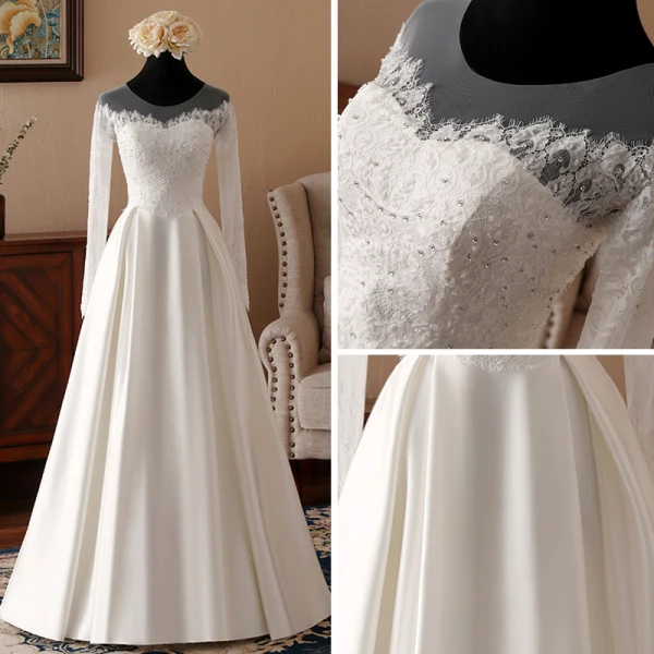 Elegante Ivory / Creme Durchsichtige Brautkleider 2018 A Linie Rundhalsausschnitt Lange Ärmel Rückenfreies Applikationen Mit Spitze Strass Rüschen Lange