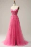 Sexy Fushia En Dentelle Fleur Fendue devant Robe De Bal 2024 Princesse Bretelles Spaghetti Sans Manches Dos Nu Longue Robe De Ceremonie