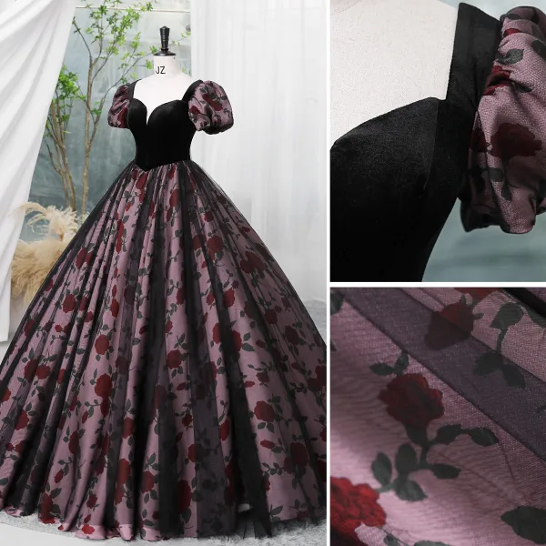 Vintage / Retro Rose Black Prom Dresses 2023 Ball Gown Square Neckline Short Sleeve Backless Floor-Length / Long Prom Formal Dresses