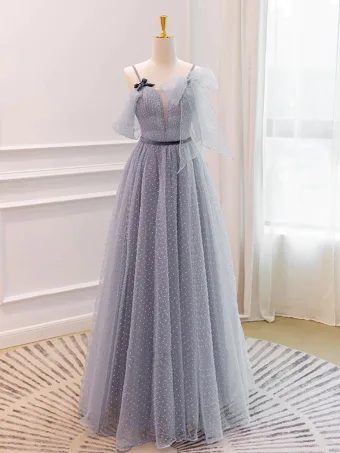 Charming Grey Spotted Prom Dresses 2024 A Line Princess Spaghetti Straps Sleeveless Backless Bow Sash Floor Length Long Formal Dresses
