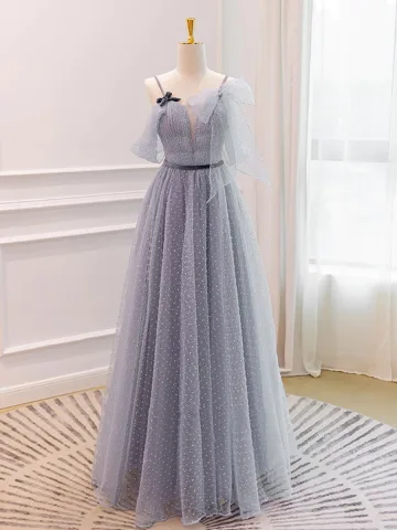 Charmant Gris Tachetée Robe De Bal 2024 Princesse Bretelles Spaghetti Sans Manches Dos Nu Noeud Ceinture Longue Robe De Ceremonie