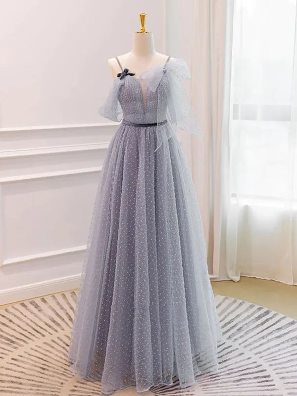 Spaghetti Straps Backless Gray Tulle Bow Long Prom Dress Spaghetti Straps Backless Gray Tulle Bow Long Prom Dress