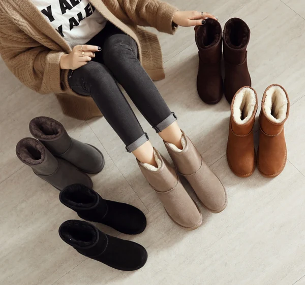 Modest / Simple Womens Boots 2017 Black Leather Mid Calf Suede Casual Winter Flat Snow Boots