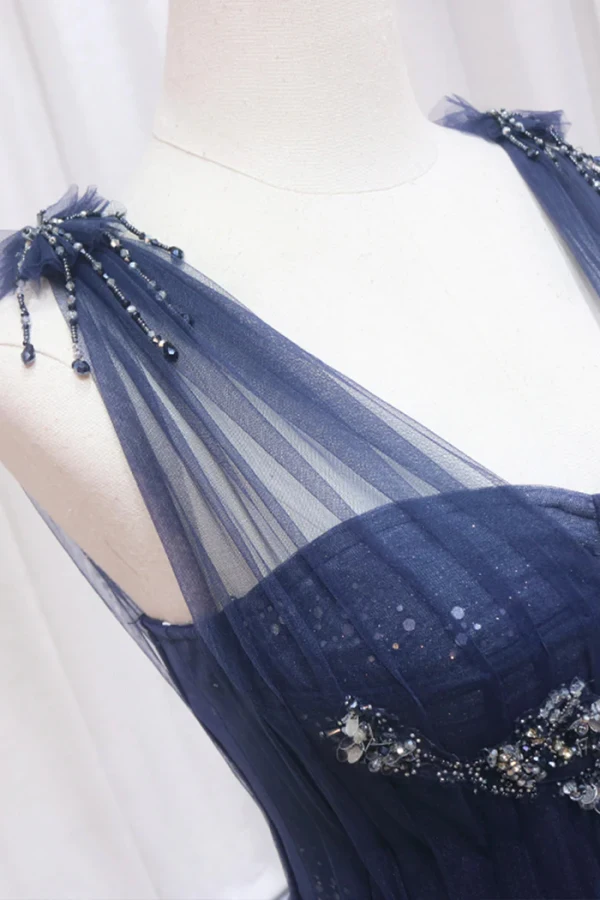 Vintage / Retro Navy Blue Beading Sequins Prom Dresses 2024 A-Line / Princess U-Neck Sleeveless Backless Sweep Train Prom Formal Dresses