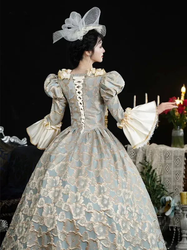 Vintage / Retro Medieval 3D Lace Flower Champagne Prom Dresses 2024 Crossed Straps Floor-Length / Long U-Neck Cosplay Long Sleeve A-Line / Princess Ball Gown Formal Dresses