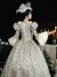 Vintage / Retro Medieval 3D Lace Flower Champagne Prom Dresses 2024 Crossed Straps Floor-Length / Long U-Neck Cosplay Long Sleeve A-Line / Princess Ball Gown Formal Dresses