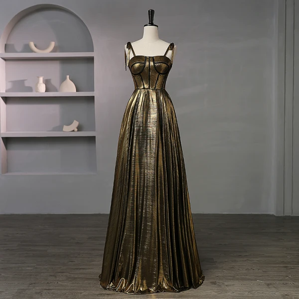 Elegante Schwarz Gold Ballkleider 2023 Ballkleid Spaghettiträger Ärmellos Rückenfreies Lange Ball Festliche Kleider