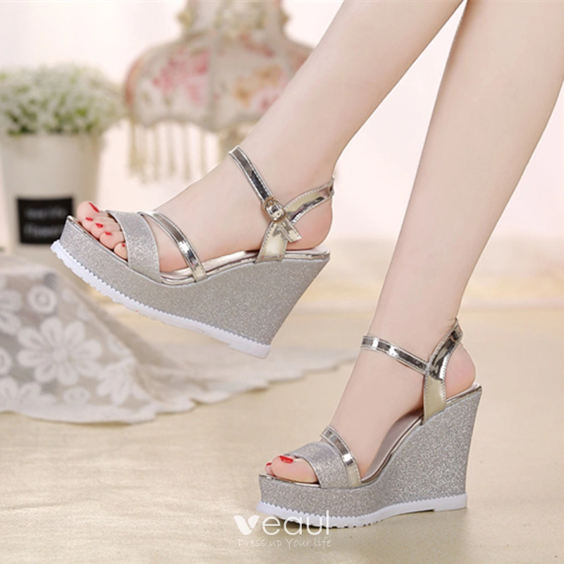 Summer Glitter Pu Wedge Platform Comfortable Sandals for Women (5.5,  Silver) : : Fashion