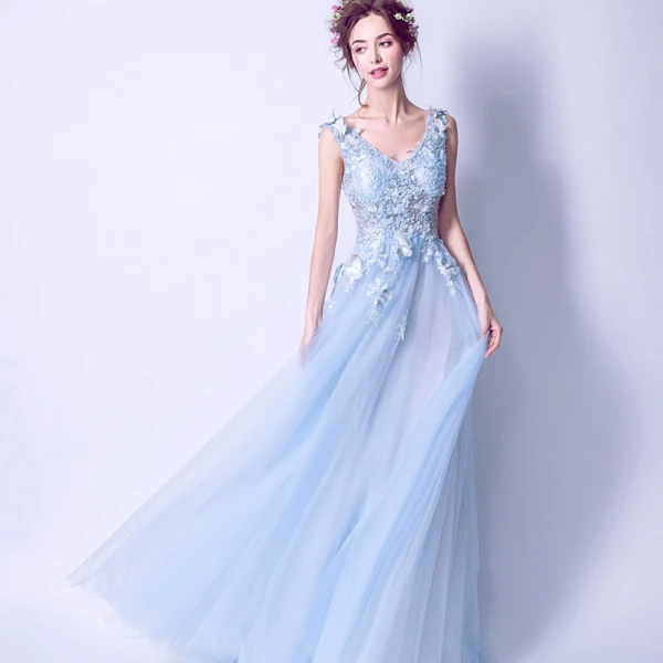 Chic / Beautiful Sky Blue Evening Dresses 2017 A-Line / Princess Lace V-Neck Handmade Appliques Backless Beading Embroidered Evening Party Formal Dresses
