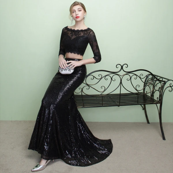 Chic / Beautiful 2 Piece Black Evening Dresses 2017 Trumpet / Mermaid U-Neck Lace Appliques Backless Evening Party Formal Dresses