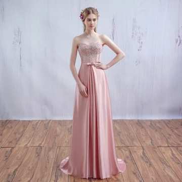 Chic Beautiful Pearl Pink Evening Dresses A Line Princess Lace Strapless Corset Floor Length Long 2017 Appliques Backless Beading Rhinestone Evening Party Formal Dresses