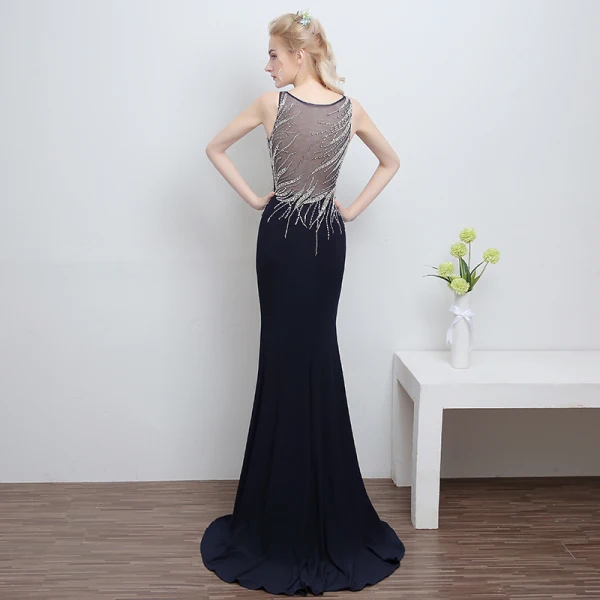 Schöne Marineblau Abendkleider 2018 Mermaid U-Ausschnitt Rückenfreies Perlenstickerei Strass Polyester Abend Festliche Kleider
