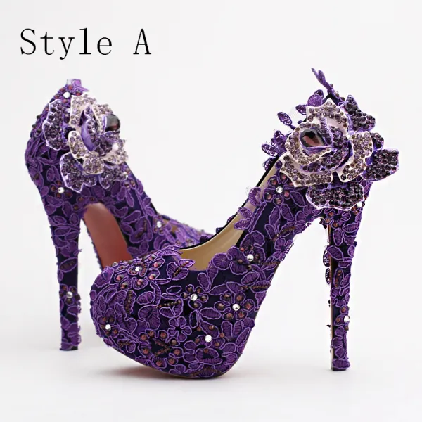 Chic / Beautiful Purple 2018 14 cm Pointed Toe High Heels Beading Crystal Rhinestone Prom Stiletto Heels Pumps Wedding Womens Shoes