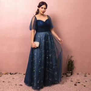 Sparkly Bling Bling Navy Blue Plus Size Evening Dresses 2018 A Line Princess V Neck Tulle Backless Beading Starry Sky Corset Sequins Evening Party Prom Dresses