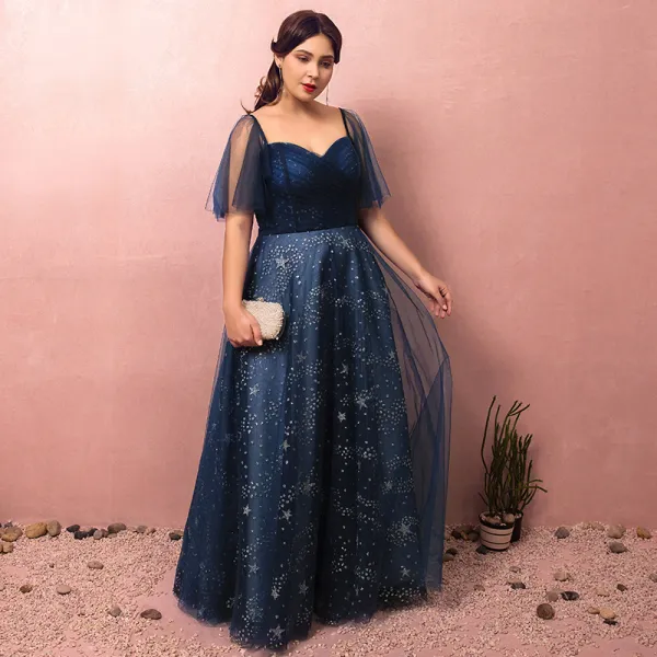 Sparkly Bling Bling Navy Blue Plus Size Evening Dresses  2018 A-Line / Princess V-Neck Tulle Backless Beading Starry Sky Corset Sequins Evening Party Prom Dresses