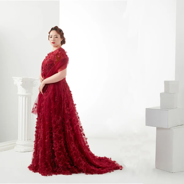 Flower Fairy Burgundy Plus Size Evening Dresses  2018 A-Line / Princess Lace-up U-Neck Tulle Appliques Backless Evening Party Prom Dresses