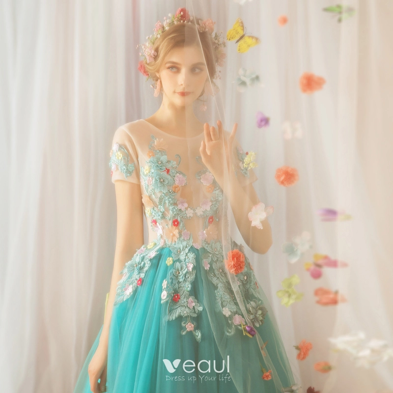Flower Fairy Jade Green Floor Length Long Prom Dresses 2018 A Line Princess Tulle U Neck Appliques Backless Beading Evening Party Evening Dresses Flower Fairy Jade Green Floor Length Long Prom Dresses 2018 A Line Princess Tulle U Neck Appliques Backless Beading Evening Party Evening Dresses