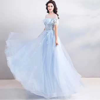 Chic Belle Bleu Ciel Tribunal Train Robe De Soirée 2018 Princesse U Cou Tulle Appliques Dos Nu Perlage Plumes Soirée Robe De Ceremonie