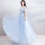 Chic / Beautiful Sky Blue Court Train Evening Dresses  2018 A-Line / Princess U-Neck Tulle Appliques Backless Beading Feather Evening Party Formal Dresses