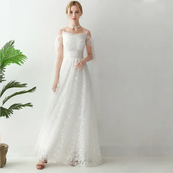 Schöne Weiß Lange Abendkleider 2018 A Linie U-Ausschnitt Tülle Applikationen Rückenfreies Perlenstickerei Hochzeit Abend Festliche Kleider