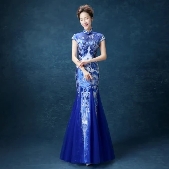 Chinese Style Royal Blue Floor Length Long Evening Dresses 2018 Trumpet Mermaid High Neck Charmeuse Evening Party Appliques Printing Formal Dresses