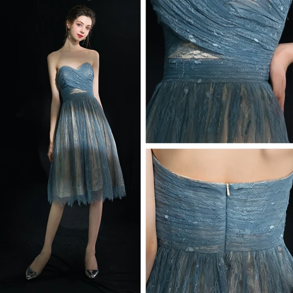Modern / Fashion Sexy Pool Blue Graduation Dresses 2018 A-Line / Princess Tulle Lace-up Backless Short Strapless Homecoming Formal Dresses