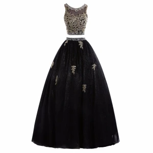 Glittrande 2 Bit Svart Guld Balklänningar 2017 Balklänning Ärmlös Urringning Beading Paljetter Appliqués Spets Glittriga Glitter Tyll Långa Formella Klänningar