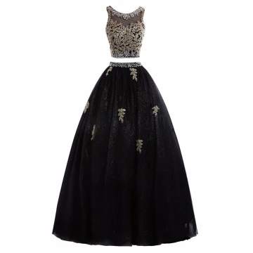 Glittrande 2 Bit Svart Guld Balklänningar 2017 Balklänning Ärmlös Urringning Beading Paljetter Appliqués Spets Glittriga Glitter Tyll Långa Formella Klänningar