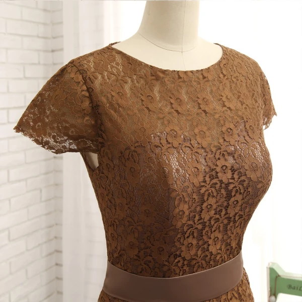 Amazing / Unique Brown With Shawl Trumpet / Mermaid Mother Of The Bride Dresses 2019 Lace Satin U-Neck Embroidered Church Short Wedding Party Dresses