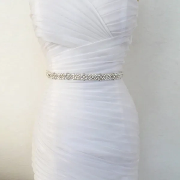 Luxury / Gorgeous White Wedding Sash 2020 Tulle Metal Beading Pearl Rhinestone Bridal Prom Accessories