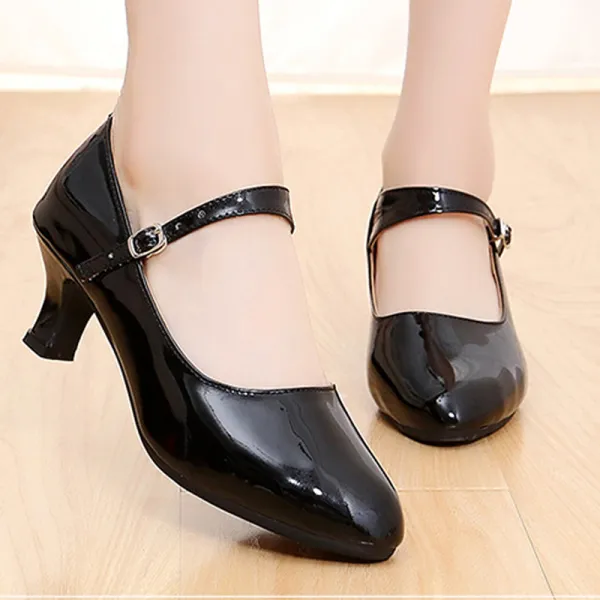 Romantic Lovely Black Latin Dance Shoes 2020 5 cm Dancing Prom Laser Buckle Heels Round Toe Womens Shoes