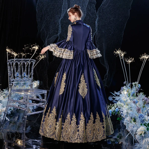Vintage / Retro Medieval Navy Blue Prom Dresses 2021 A-Line / Princess High Neck Zipper Up Long Sleeve Floor-Length / Long 3D Lace Backless Prom Formal Dresses