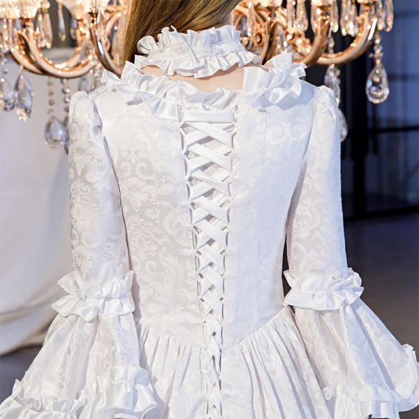 Vintage / Retro Medieval Elegant White Ball Gown Prom Dresses 2021 Long Sleeve Square Neckline Crossed Straps Floor-Length / Long Lace Satin Printing Cosplay Prom Formal Dresses