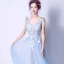 Chic / Beautiful Sky Blue Evening Dresses  2017 A-Line / Princess Lace V-Neck Handmade  Appliques Backless Beading Embroidered Evening Party Formal Dresses