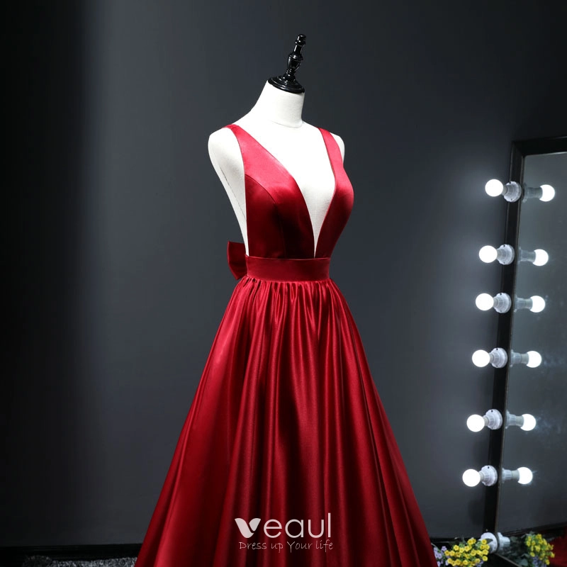 Red V Neck Backless Prom Dresses Long 2017 Evening Party Ball Gown
