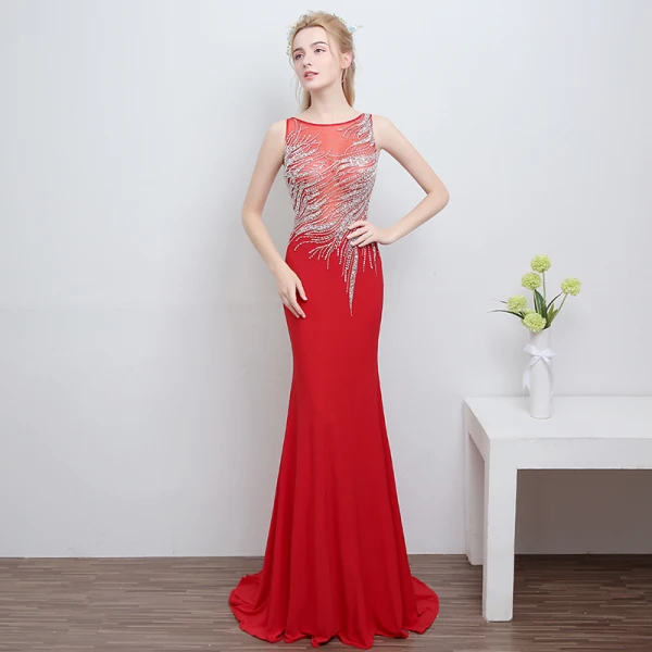 Schöne Marineblau Abendkleider 2018 Mermaid U-Ausschnitt Rückenfreies Perlenstickerei Strass Polyester Abend Festliche Kleider