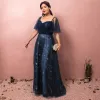 Sparkly Bling Bling Navy Blue Plus Size Evening Dresses  2018 A-Line / Princess V-Neck Tulle Backless Beading Starry Sky Corset Sequins Evening Party Prom Dresses