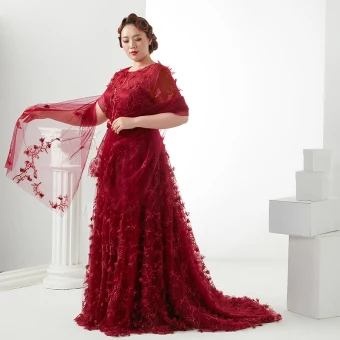 Fée Des Fleurs Bordeaux Grande Taille Robe De Soirée 2018 Princesse Lacer U Cou Tulle Appliques Dos Nu Soirée Robe De Bal