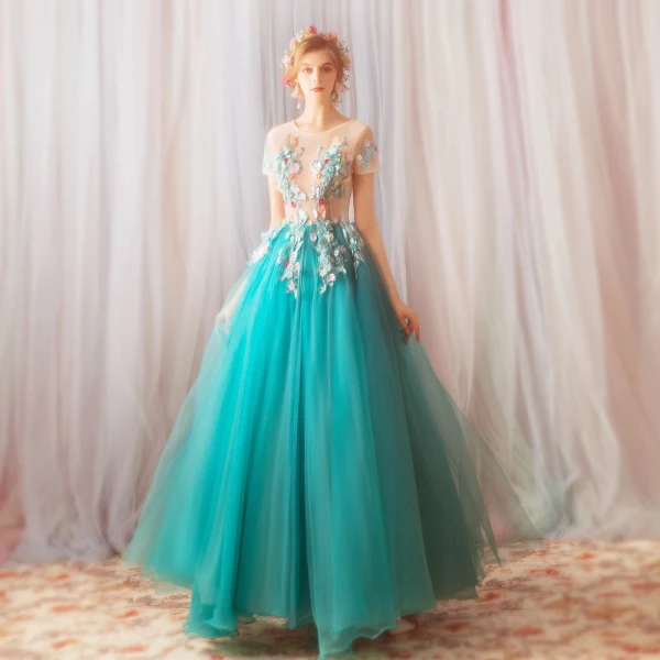 Flower Fairy Jade Green Floor-Length / Long Prom Dresses 2018 A-Line / Princess Tulle U-Neck Appliques Backless Beading Evening Party Evening Dresses